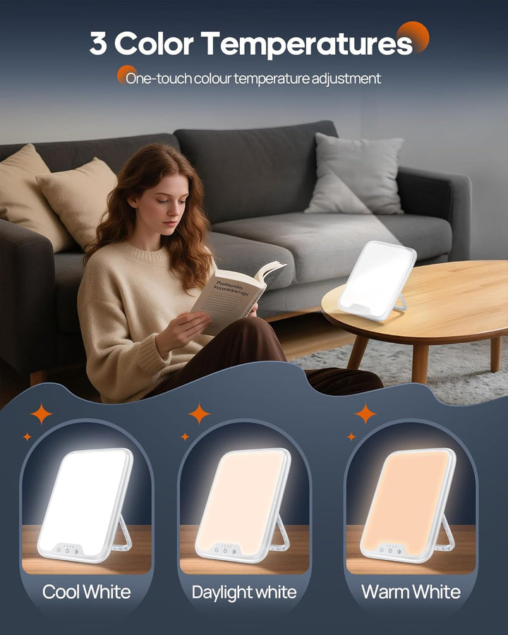 SAD Lamp, 10000 Lux Light Therapy Lamp for Depression, Sad Light Uv-Free with 3 Colors Temperature, Stepless Brightness, 4 Timer Setting, Daylight Lamp Portable Light Therapy Box for a Happy Mood