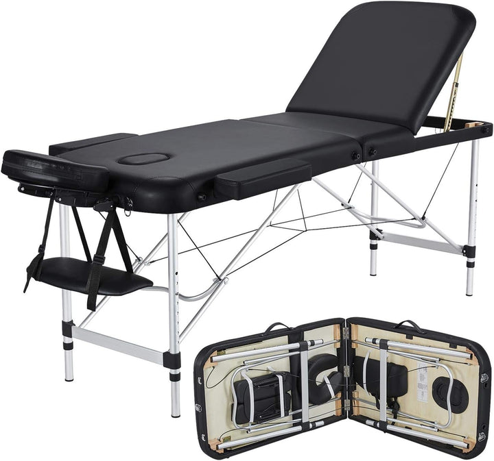 Foldable Massage Bed Portable Lash Table Beauty Bed Professional Salon Spa Table Aluminum 60 Cm Width 2 Section Black