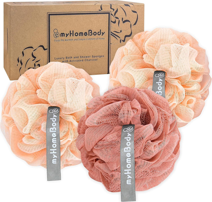 Large 70G Loofah Sponge, Bath Body Scrubber for Women, Men, Exfoliating Shower Pouf with Activated Charcoal - 2 Graphite Gray + 1 Sage Green, 3 Pack