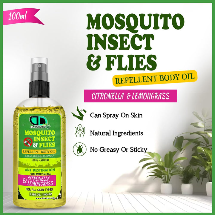 100% Natural Mosquito, Insect & Flies Repplent Body Oil with Citronella & Lamongrass Essential Oils, for All Body Types 100Ml Spray