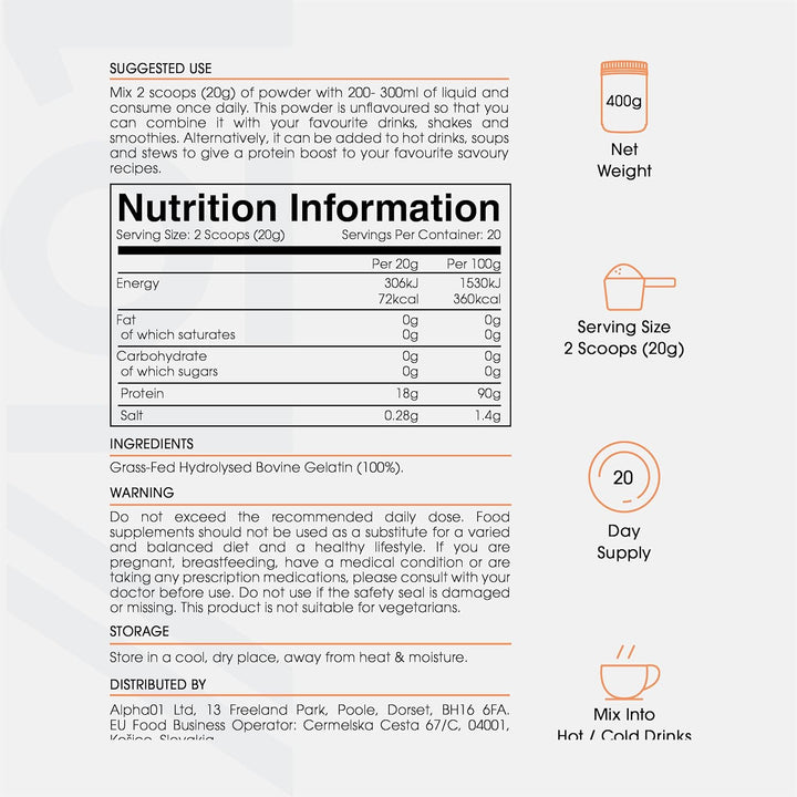 Bone Broth Beef Protein Powder - 400G - Unflavoured - 100% Grass-Fed & Pasture Raised Beef (20 Day Supply) by