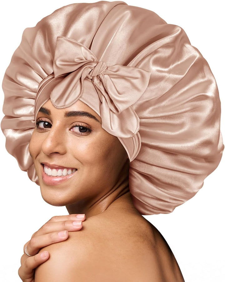Silk Bonnet for Sleeping for Curly Hair, Satin Bonnet Hair Wrap for Women & Men, Adjustable Silk Scarf Night Cap with Tie Band, Champagne