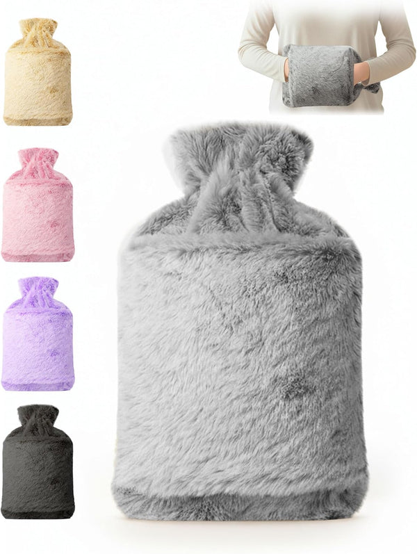 Hot Water Bottle 2L with Soft Faux Fur Cover, Leakproof Natural Rubber, Long Lasting Warmth for Neck, Back & Hands, Fluffy Cosy Design for Men & Women, Winter Comfort - Grey