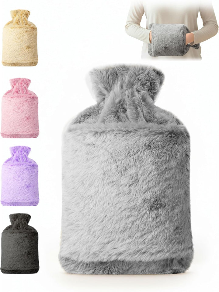 Hot Water Bottle 2L with Soft Faux Fur Cover, Leakproof Natural Rubber, Long Lasting Warmth for Neck, Back & Hands, Fluffy Cosy Design for Men & Women, Winter Comfort - Grey