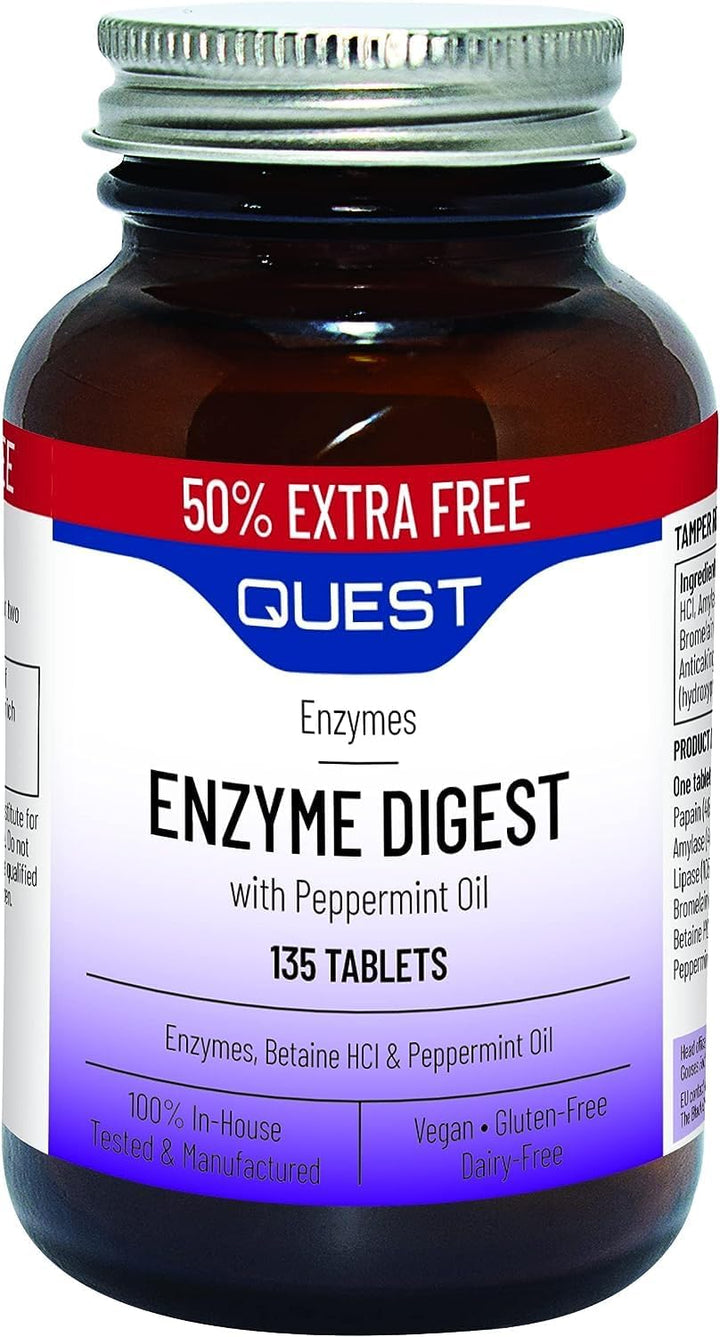 Enzyme Digest with Peppermint Oil & Betaine. 90+45 Vegan Tablets for Bloated Stomach and Indigestion. Dairy & Gluten Free Enzymes Digestion Supplement for Bloating and Heartburn Relief (1 Pack)