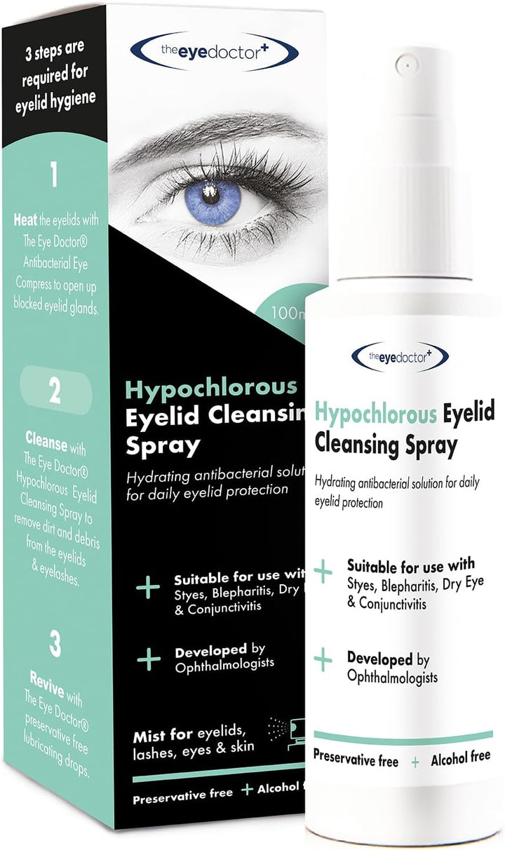 Hypochlorous Eyelid Cleansing Spray - Hypoallergenic with Antibacterial Properties for Use with Dry Eye, Blepharitis & MGD - Preservative & Alcohol Free, Contact Lens Friendly, 100Ml