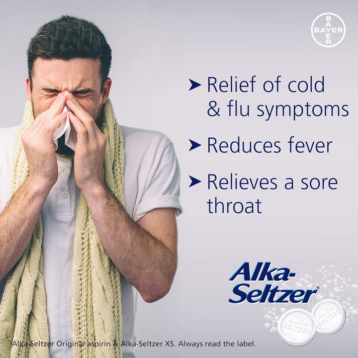 Alka Seltzer Original Effervescent Tablets with Aspirin, Fast and Effective Pain Relief for Cold and Flu, 1 Pack of 20