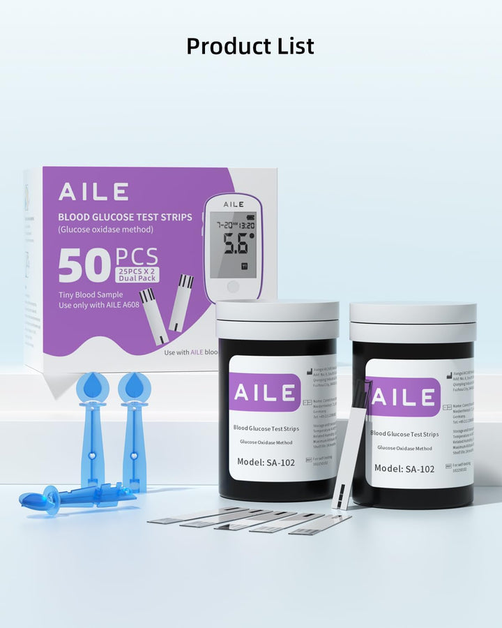 Blood Glucose Test Strips for Diabetics:  Blood Sugar Test Strips 50 PCS - 50 Lancets for Home Use - Only Use with A608 A601 A606 A616 W33 Blood Glucose Monitor