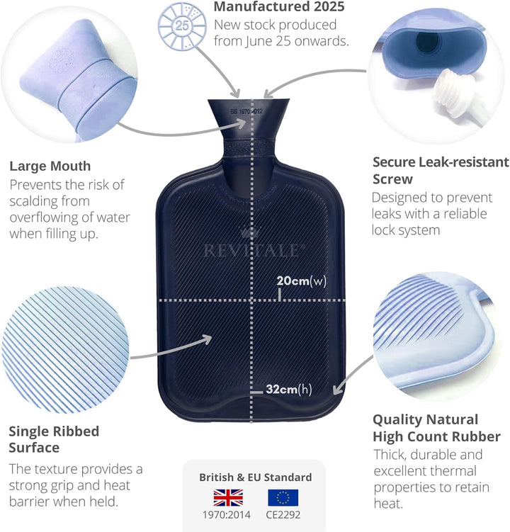 Luxury Cosy Hot Water Bottle 2 Litre, Soft Cover, Single Ribbed Natural Rubber 2025, British Standard BS1970:2012, Durable & Leak-Resistant (Slate Grey)
