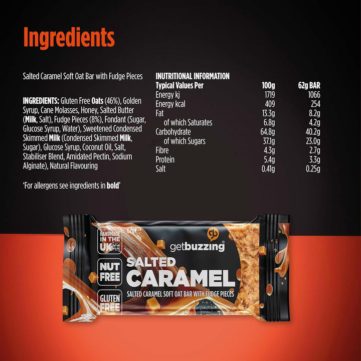 Getbuzzing Nut Free Oat Flapjack Healthy Snack & Energy Bars - Running,Gym, Cycling - Breakfast Snack - Made in the UK - Salted Caramel Pack of 20 X 62G Bars