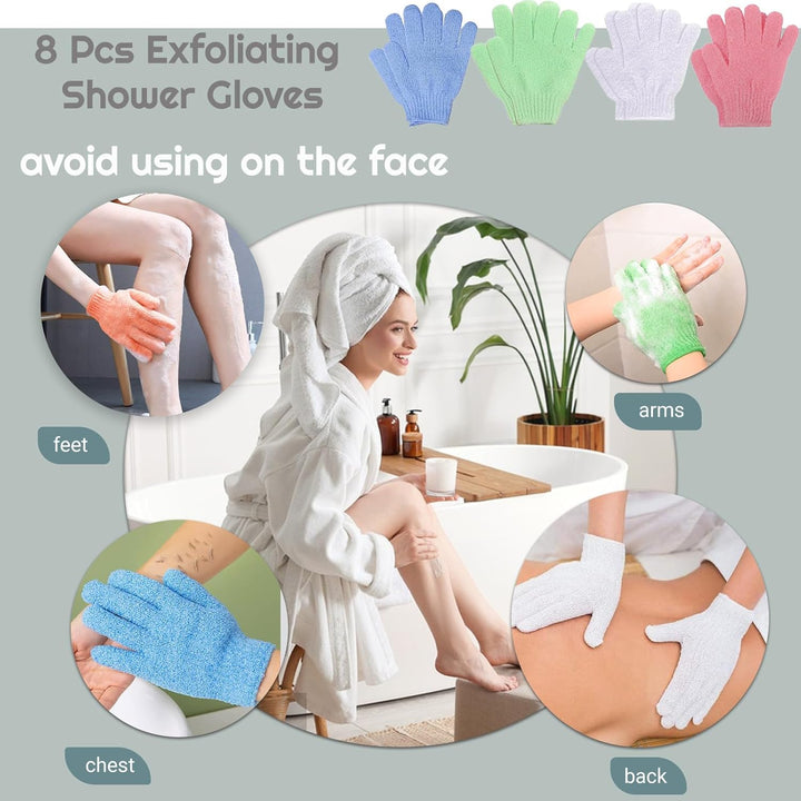 8 Pcs Shower Gloves Exfoliating, Double Sided Deep Clean Body Exfoliator Scrub for Women & Men (4 Pairs) Shower Gloves Bath Sponge Exfoliating Mitt for Shower, Spa, Massage, Dead Skin Cell Remover