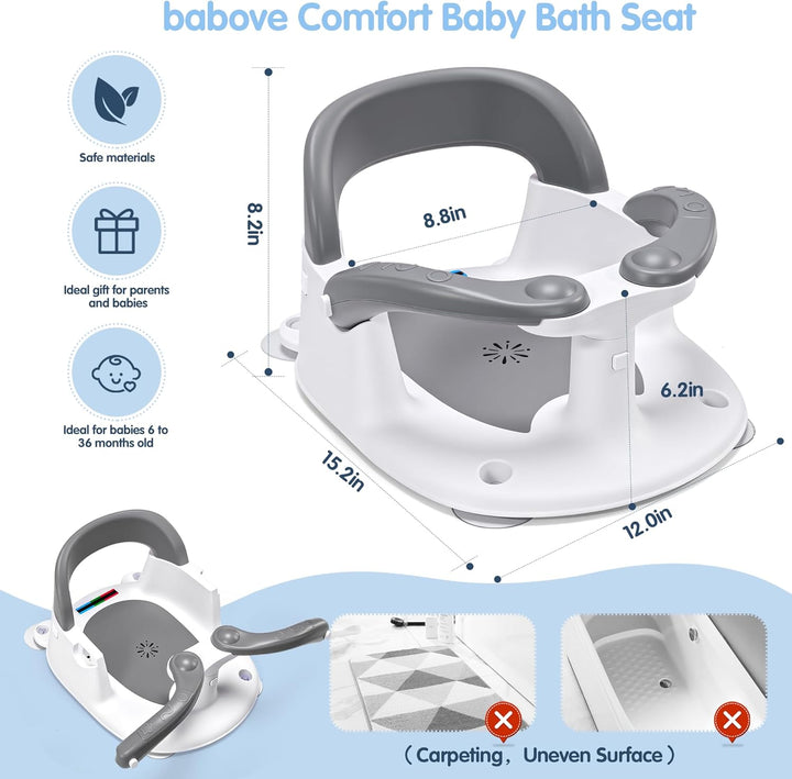 Baby Bath Seat for Babies 6 Months & up with Thermometer Sticker, One-Touch Button for Easy Armrest Opening, Baby Sit up Bath Chair (Gray)