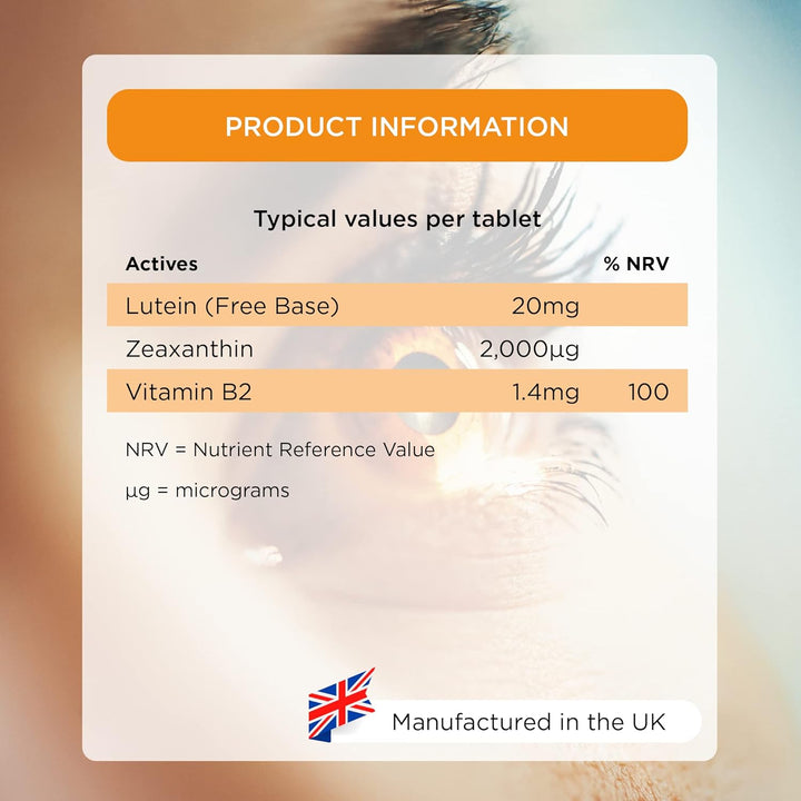 Retinex Max Eye Support (60 Tablets) | Long Term Vision & Eye Health | 20Mg Lutein & 2,000Ug Zeaxanthin | Vitamin B2 Contributes to Normal Vision | Natural Source Carotenoids | Vegan