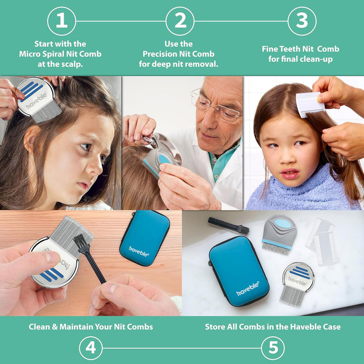 Professional 6-In-1 Nit & Lice Comb Kit | Micro Spiral, Precision & 2× Double-Sided Combs | Brush, Tracker & EVA Case | Reusable, Chemical-Free | for Kids, Adults, Pets (All Hair Types)