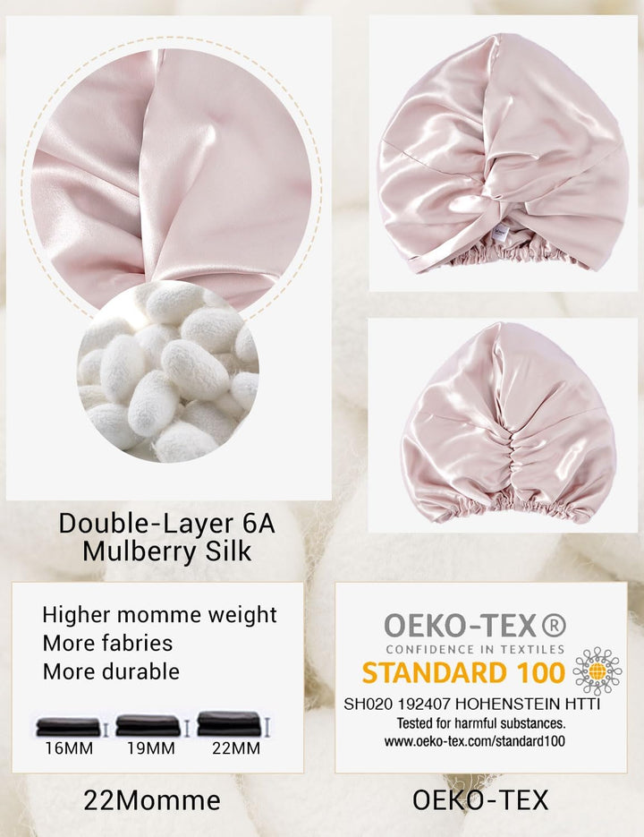 100% Genuine 22Momme Silk Bonnet for Sleeping, Double-Layered Mulberry Silk Hair Wrap with Premium Elastic Stay on Head. (One Size, Pink)