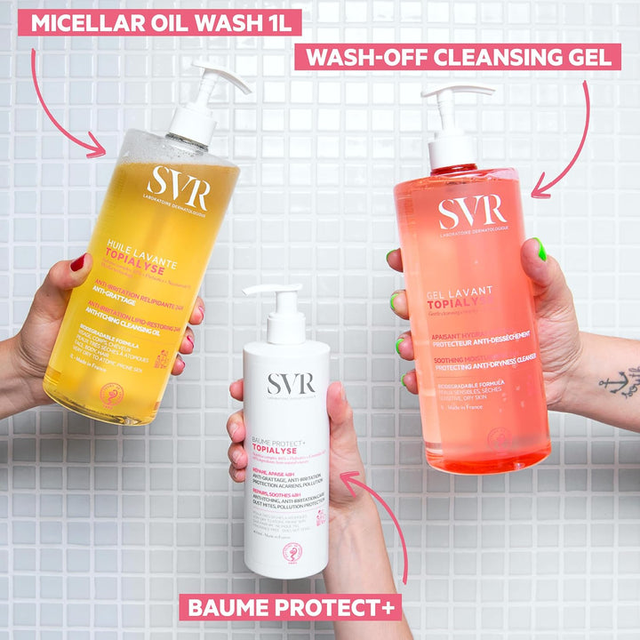 SVR TOPIALYSE All over Micellar Shower Oil, Moisturising Eczema Body Wash, 24Hr Hydration Emulsifying Soothing Bath Oil for Very Dry, Sensitive Skin, from Newborn and Up