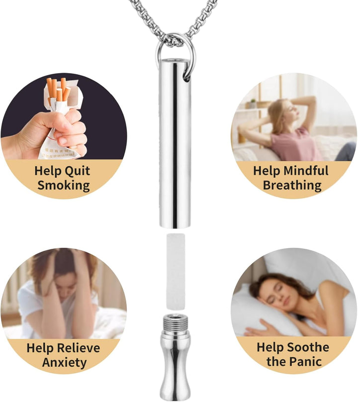 Breathing Necklace to Quit Smoking and Vaping with Refillable Mint Pods Stop Smoking Aids Fidget Necklace for Anxiety Relief Smokeless Inhaler for Adults (Silver)