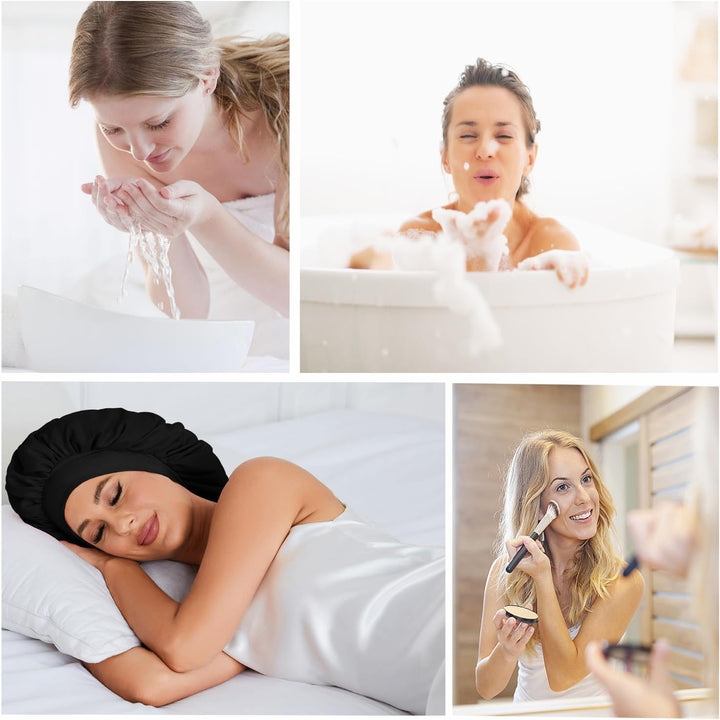 Silk Bonnet,Adjustable Satin Hair Bonnet,Soft and Comfortable Silk Sleep Cap(Black)