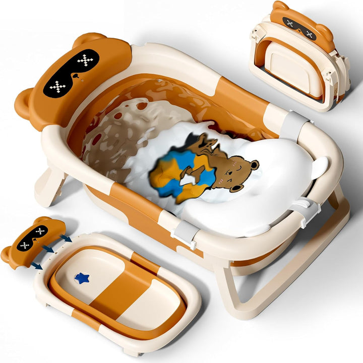 Baby Bath Tub Foldable, Baby Bathtub Collapsible Essentials for Newborn with Soft Cushion (0-18Months), Baby Shower for Infant to Toddler Gift Portable Space-Saving Travel,Grey