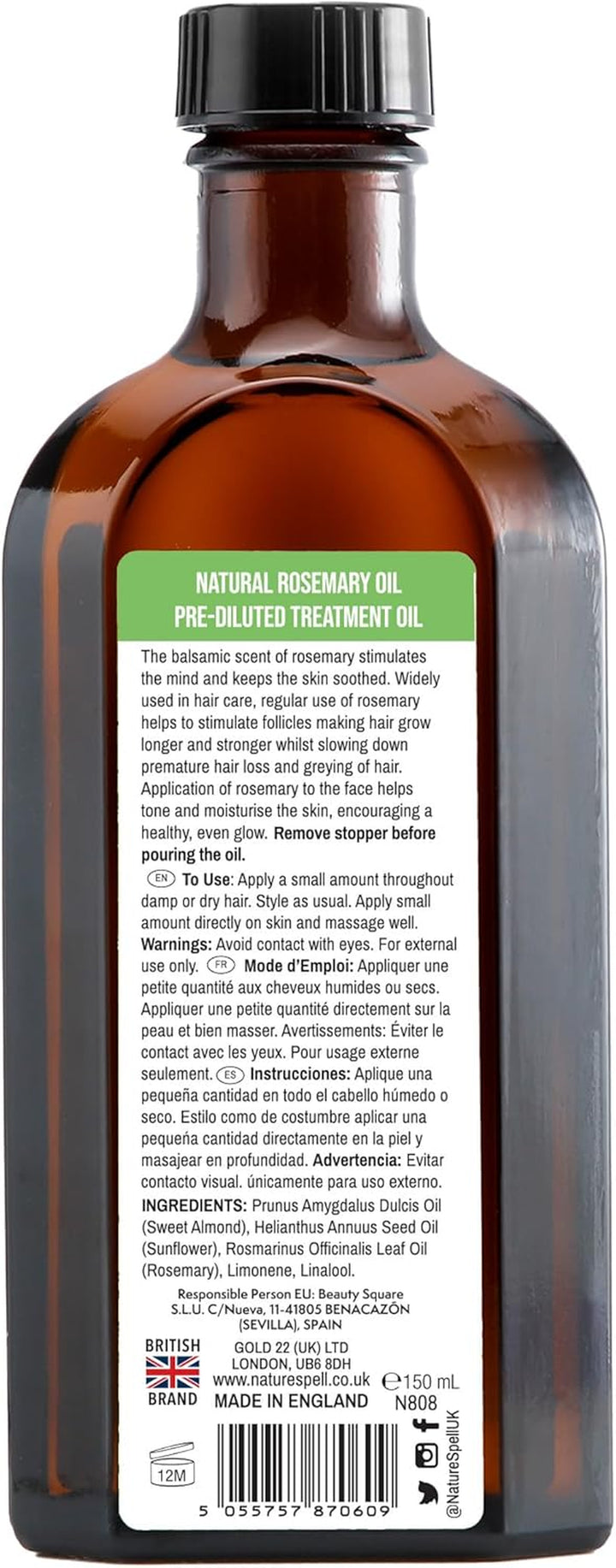 Rosemary Oil for Hair Growth, Pre-Diluted Scalp Oil, Stimulates Growth, Strengthens Dry and Damaged Strands, Nourishes Split Ends, Colour Safe, for All Hair Types, Vegan, 150 Ml