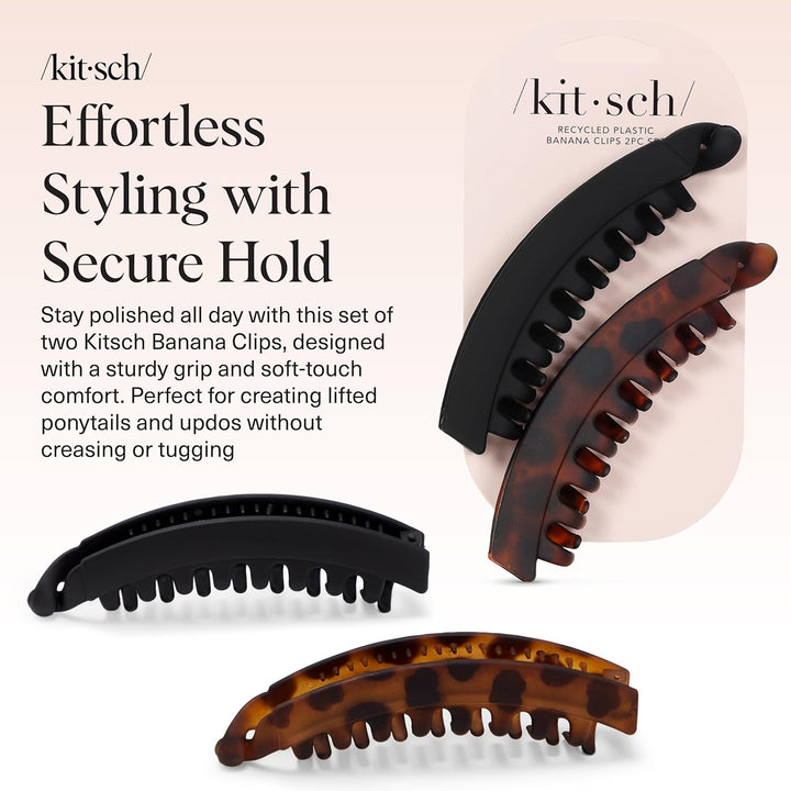 Banana Clip - Secure & Sturdy Large Banana Clips for Women | No Crease, Durable Hair Accessories for Women | Great for Stylish Ponytails & Updo - Black & Tortoise, 2 Pcs