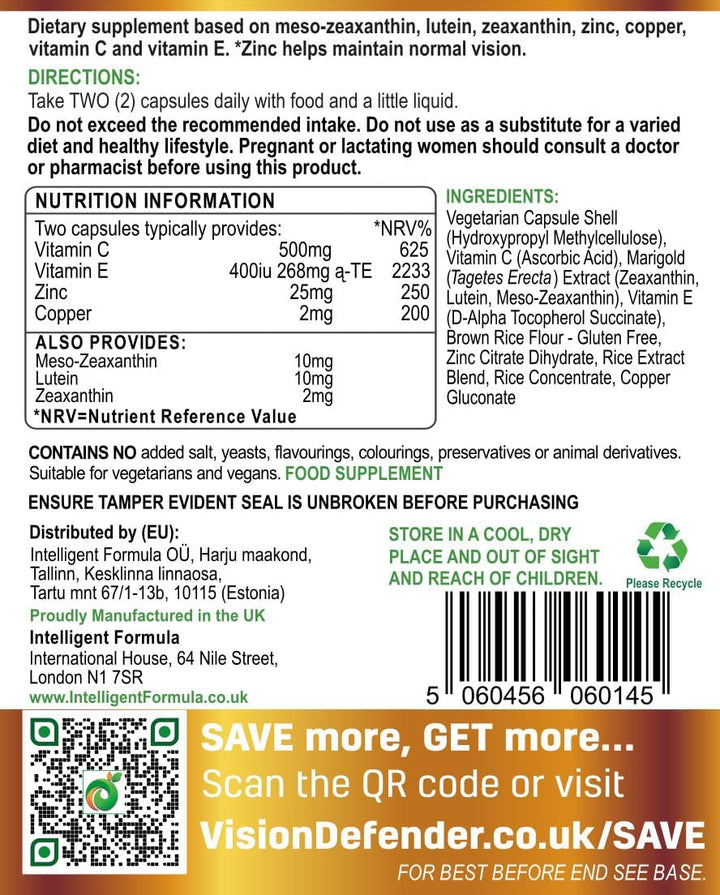 Vision Defender plus Eye Supplement – Complete AREDS2 Eye Vitamins Enhanced with Meso-Zeaxanthin – Lutein, Zeaxanthin, Vitamins C & E, Zinc, Copper – 7 Nutrients for Eye Health – 60 Vegan Capsules