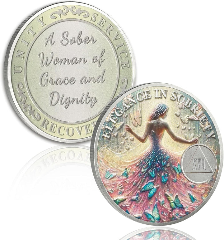 Elegant 11 Year Sobriety Coin, Butterfly Metamorphosis AA Coin - Sister Power Sober Chip for Eleven Year Addiction Recovery, Clean Living Sobriety Gift for Women