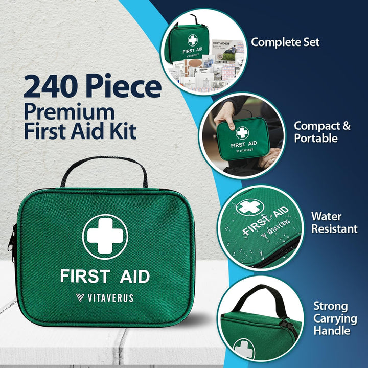 240 Piece Premium First Aid Kit Bag - Includes Eyecare, 2 X Cold (Ice) Packs and Emergency Blanket for Home, Office, Car, Caravan, Workplace, Travel and Sports
