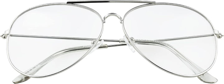 Ultra Adults Silver Frame Pilot Style Costume Glasses Retro Design Glasses Transparent Clear Lens Metal Eyewear Non Prescription Classic Fake Fashion Glasses for Men Women Eyeglass Decorative Eyewear
