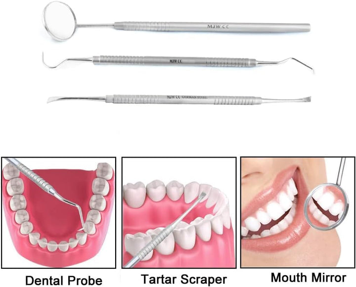 Dental Oral Kit 3 Pcs Mirror Handle and Explorer Hook Pick Double Ended Oral Hygiene Teeth Cleaning Teeth Whitening