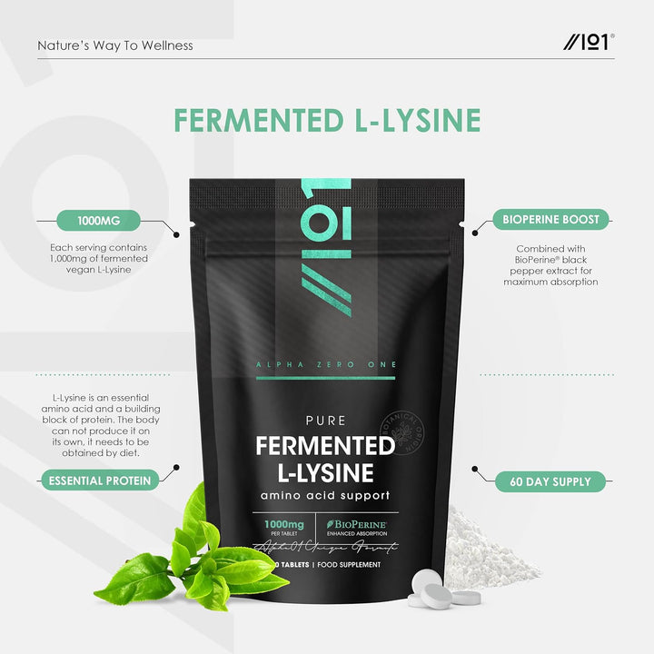 Fermented L-Lysine 1000Mg with Bioperine® - 60 Vegan Tablets - High Strength Amino Acid Supplement – Resealable and Recyclable Pouch by