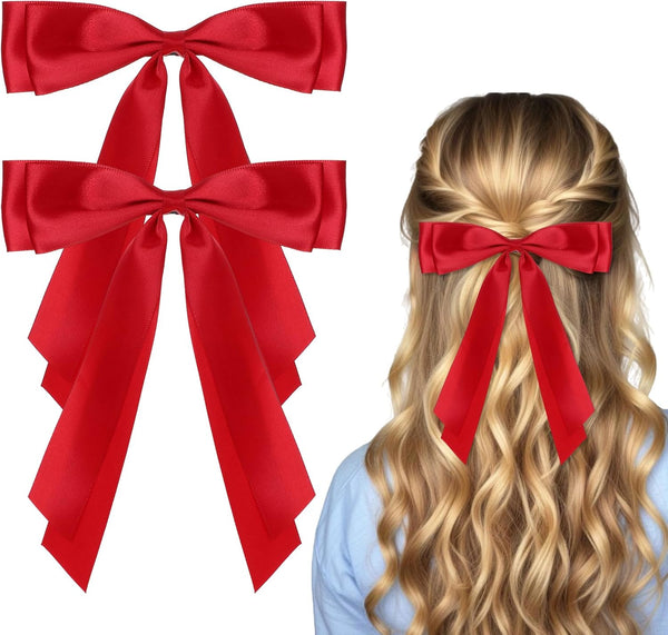 2 Pcs Red Hair Bow, Satin Bows Red Hair Ties, Large Double Satin Ribbon Hair Clips Red Accessories for Holiday Party Women Girls Ponytail Holder