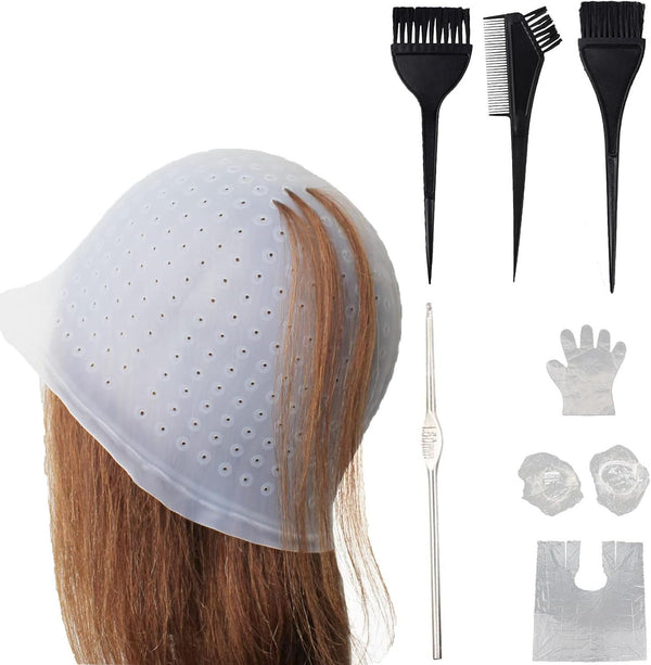 Highlight Caps,11 Pcs Silicone Highlight Cap Kit with Hair Coloring Brushes and Needle,Highlighting Frosting Cap for Color Salon Silicone Hairdressing Tools for Women Girls
