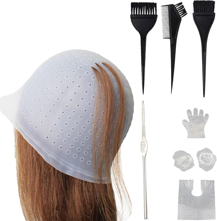 Highlight Caps,11 Pcs Silicone Highlight Cap Kit with Hair Coloring Brushes and Needle,Highlighting Frosting Cap for Color Salon Silicone Hairdressing Tools for Women Girls