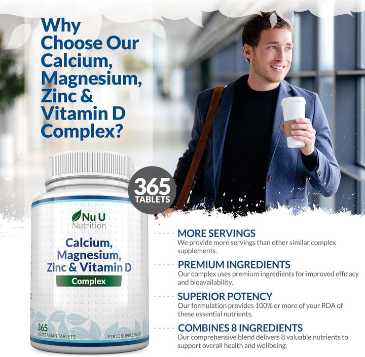 Calcium Magnesium Zinc & Vitamin D Supplement - 365 Vegetarian Tablets - High Strength Osteo Complex with Selenium, Copper, Manganese & Boron - 6 Month Supply -