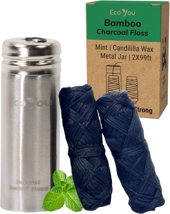 Eco Floss | 2 Charcoal Dental Floss Refills + Dental Floss Holder | Mint & Candelilla Wax | Bamboo Floss