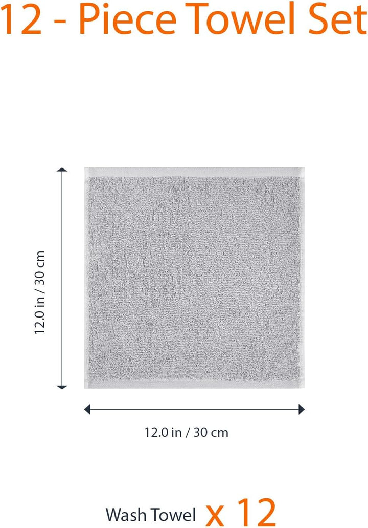 Face Towels for Bathroom, 100% Cotton Extra Absorbent Washcloth, Fast Drying - Salon Towel - 12-Pack, Grey (30 X 30 Cm)