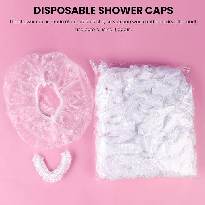 100PCS Disposable Shower Caps,Waterproof Hair Caps,Multi-Purpose Thickened Plastic Elastic Bath Caps for Women, Home Use,Hair Salon, Spa, Travel, Hotel, Shower（White）