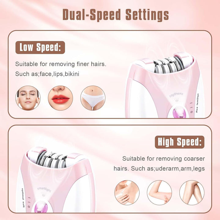 Epilator for Women,2 Speed Electric Epilator, Cordless Rechargeable Hair Removal Device with Led Light for Face Body Armpit Bikini Leg Facial Hair Removal (Pink)