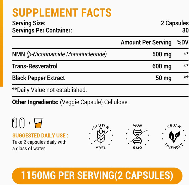 1100Mg NAD & Trans-Resveratrol Capsules with 50Mg Black Pepper Extract - Nutrient-Rich Blend - Gluten-Free, Non-Gmo (60 Count (Pack of 1))