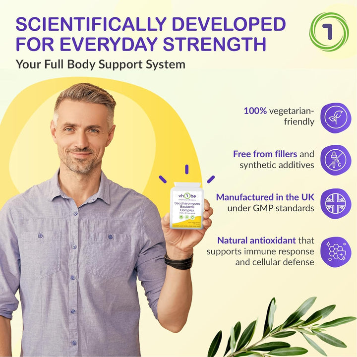 Saccharomyces Boulardii Probiotic – 90 Capsules | 5 Billion Friendly Bacteria with Olive Leaf, Biotin & Vitamin D | Natural Yeast Supplement for Gut Balance & Immune Support | UK Made by