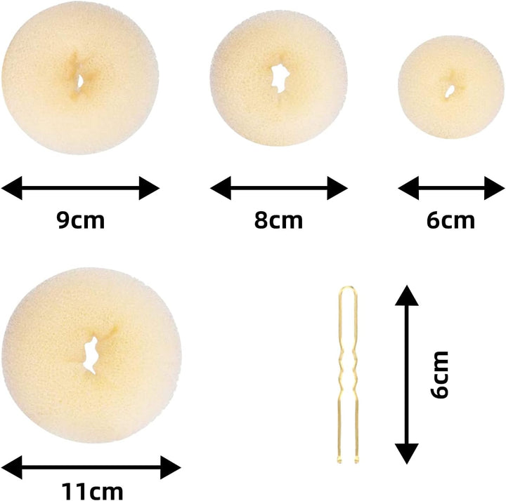 4Pcs Hair Donut Hair Bun Shaper Set,Chignon Bun Maker Hairring Style Accessories for Dancer Ballet Girls,4 Sizes Beige Donut Bun Maker and 12Pcs Golden Bobby Pins,Doughnut Bun Hairaccessories