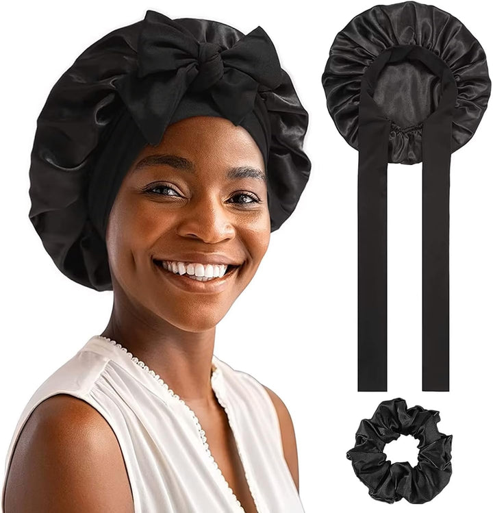 Silk Hair Bonnet for Sleeping with Hair Bobbles, Silk Bonnets for Women with Elastic Band, Hair Care Head Cover Hat for Women Girls Long, Straight, Curly Hair