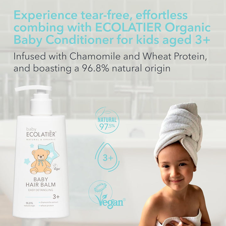 Baby Hair Balm Easy Detangling 3+ - Kids Conditioner with 96.8% Natural Ingredients, Vegan Certified, Gentle Hair Conditioner for Children and Babies, Hair Balm for Soft Hair, 250 Ml