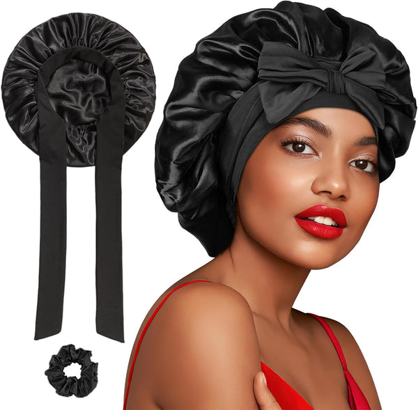 Silk Bonnet, Satin Bonnets for Sleeping, 1 PCS Adjustable Hairs Bonnetss for Women and Hairs Band, Hairs Silk Bonnet for Sleeping, Hairs Bonnets with Tie Band for Curly Hair Braid Women Black