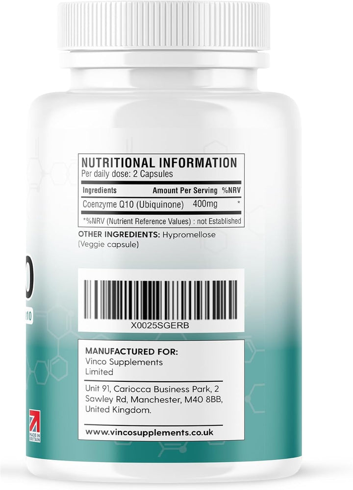 Vinco Coq10 400Mg - 120 High Strength Ubiquinone Coenzyme Q10 Capsules - Antioxidant for Heart & Cardio, Increased Energy & Focus - Naturally Fermented - Non-Gmo & Gluten Free - UK Made