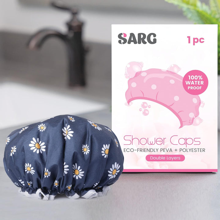 Premium Double Layer Shower Cap for Women with Unique Flower Design- Reusable Shower Cap for Hair - Waterproof Plastic Cap - Shower Caps for Long, Short and Curly Hairs