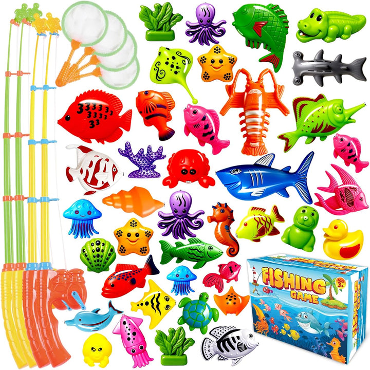 Magnetic Fishing Toys Game Set for Kids for Bath Time Pool Party with Pole Rod Net, Plastic Floating Fish - Toddler Education Teaching Christmas Birthday Gifts