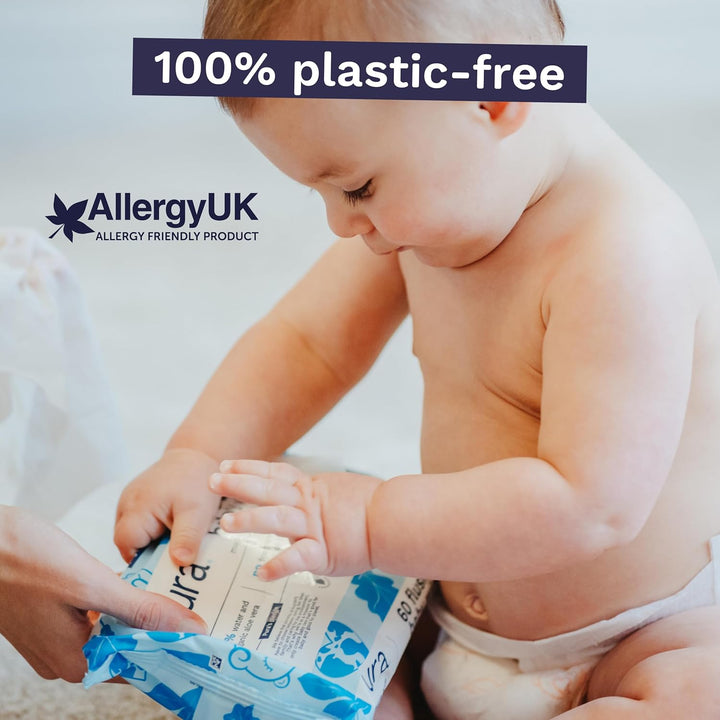 Eco Flushable Baby Wipes - 1 Pack (60 Wipes) 100% Plastic Free, 99% Water, Suitable for Sensitive, Eczema Prone Skin, Newborn Baby & Toddlers, Biodegradable, Vegan, Potty Training