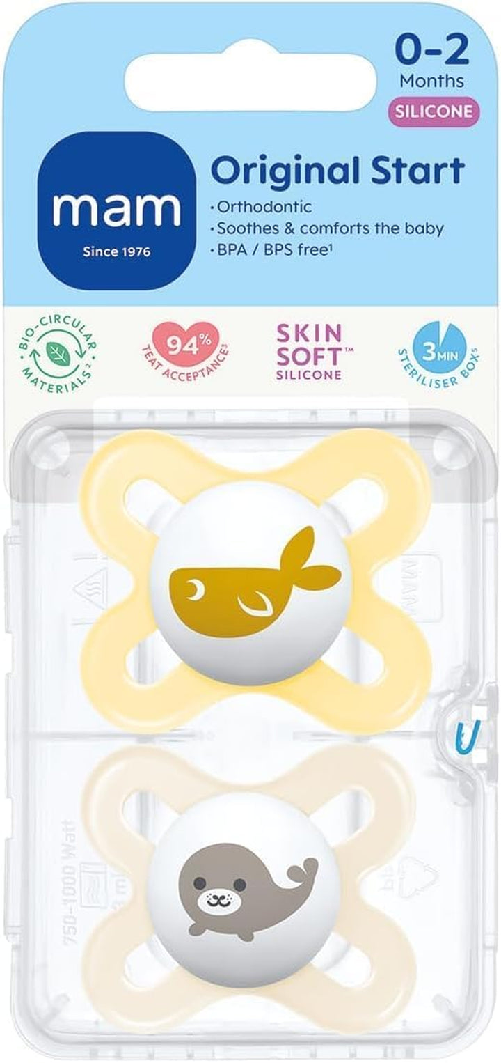 Original Start Soothers | 0-2 Months | 2 Pack | Newborn Dummies | Comes in Dummy Steriliser Case | Sustainable Materials | Baby Accessories for Newborn | Cream (Various Designs)